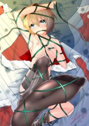 Rule 34 | 1girl, alternate breast size, bed sheet, blanc (neptunia), blue eyes, blush, breasts, brown hair, capelet, christmas, unworn clothes, feet up, fur trim, hat, looking at viewer, lying, mouth hold, naked ribbon, neptune (series), on back, red capelet, red skirt, ribbon, ribbon in mouth, ryuu (pikagomi), santa hat, sheet grab, short hair, skirt, small breasts, solo, thighhighs