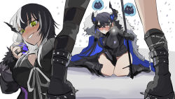 Rule 34 | 2girls, asymmetrical horns, black hair, black nails, blush, breasts, cape, cosplay, demon horns, dimitri alexandre blaiddyd, dimitri alexandre blaiddyd (cosplay), eyepatch, fire emblem, fire emblem: three houses, fur-trimmed cape, fur trim, highres, hololive, hololive english, horns, jailbird (nerissa ravencroft), large breasts, long hair, multicolored hair, multiple girls, nerissa ravencroft, nintendo, red eyes, set7, shiori novella, single thighhigh, sitting, snowing, spiked boots, split-color hair, thighhighs, very long hair, virtual youtuber, wariza, white hair, yellow eyes