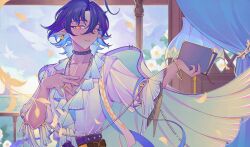 Rule 34 | 1boy, absurdres, ahoge, arknights, belt, blue hair, book, brown belt, collarbone, collared shirt, commentary request, dress shirt, flower, hair between eyes, hand on own chest, hands up, highres, holding, holding book, indoors, lumen (arknights), male focus, multicolored hair, orange eyes, parted bangs, parted lips, pointy ears, shirt, solo, two-tone hair, white flower, white shirt, window, zhimingqueleiwanjia