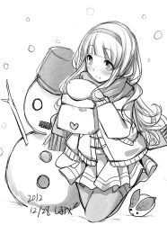 Rule 34 | 1girl, blush, dated, greyscale, heart, highres, long hair, monochrome, scarf, sei000, simple background, skirt, smile, snow rabbit, snowman, solo, thighhighs, white background