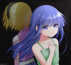 Rule 34 | 2girls, back-to-back, bad id, bad pixiv id, bare shoulders, black background, black hairband, blonde hair, blue eyes, blue hair, blue shorts, blunt bangs, clenched hand, closed mouth, collarbone, commentary request, dress, facing away, floating hair, furude rika, green dress, green ribbon, hairband, hand on own chest, hand up, higurashi no naku koro ni, houjou satoko, long hair, looking to the side, morte ai, multiple girls, pink shirt, ribbon, shirt, short hair, shorts, simple background, sleeveless, sleeveless dress, sleeveless shirt, spaghetti strap, twitter username, upper body