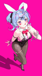 Rule 34 | 1girl, :q, absurdres, animal ears, arm at side, arm strap, between breasts, black footwear, black leotard, black pantyhose, blue eyes, blue hair, bow, bowtie, breasts, broken handcuffs, card, card between breasts, closed mouth, detached collar, dot nose, fake animal ears, finger to mouth, fishnet pantyhose, fishnets, foot up, from above, hair ornament, hatsune miku, high heels, highleg, highleg leotard, highres, large breasts, leotard, looking at viewer, nail polish, pantyhose, patch oxxo, pink background, pink nails, pink pupils, playboy bunny, rabbit ears, rabbit hole (vocaloid), red bow, red bowtie, shadow, short twintails, simple background, skindentation, smile, solo, standing, teardrop facial mark, thigh strap, tongue, tongue out, twintails, vocaloid, x hair ornament