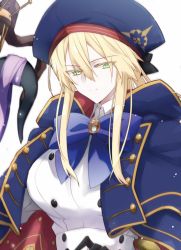 Rule 34 | 1girl, artoria caster (fate), artoria caster (fate) (cosplay), artoria caster (second ascension) (fate), artoria pendragon (fate), artoria pendragon (lancer) (fate), blonde hair, bow, bowtie, breasts, cosplay, fate/grand order, fate (series), green eyes, hair between eyes, hat, highres, large breasts, long hair, long sleeves, looking at viewer, nogi (acclima), simple background, solo, upper body, white background