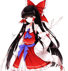 Rule 34 | 1girl, ascot, bad id, bad pixiv id, bare shoulders, black hair, blue ascot, blunt bangs, bow, brown eyes, cowboy shot, detached sleeves, frilled bow, frilled shirt collar, frills, full body, gohei, hair bow, hair tubes, hakurei reimu, hand on own hip, highres, holding, long hair, long sleeves, midriff peek, petticoat, red bow, red skirt, red vest, ribbon-trimmed sleeves, ribbon trim, sheya, shoes, sidelocks, signature, simple background, skirt, sleeves past fingers, sleeves past wrists, solo, standing, touhou, very long hair, vest, white background, wide sleeves