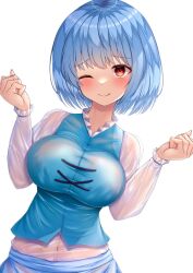 Rule 34 | 1girl, ;q, bad id, bad twitter id, blue hair, blue vest, breasts, closed mouth, covered navel, cross-laced clothes, highres, large breasts, long sleeves, looking at viewer, one eye closed, red eyes, reijing etrn, see-through, see-through shirt, shirt, short hair, simple background, smile, solo, tatara kogasa, tongue, tongue out, touhou, upper body, vest, white background, white shirt