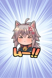 Rule 34 | &gt; &lt;, 1girl, :t, anger vein, animal ears, antenna hair, bell, black jacket, blush, brown hair, cat ears, closed eyes, closed mouth, commentary request, cropped torso, facing viewer, hair between eyes, highres, jacket, jingle bell, kemonomimi mode, koshirae tsurugi, m.m, neck bell, nose blush, original, solo, translation request, upper body, v-shaped eyebrows