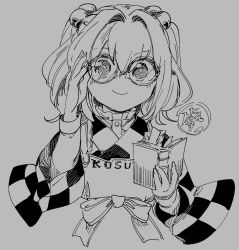 Rule 34 | 1girl, adjusting eyewear, apron, book, center frills, chamaruk, character name, checkered clothes, checkered kimono, closed mouth, clothes writing, commentary request, cropped torso, frilled shirt collar, frills, glasses, grey background, greyscale, hair between eyes, hair bobbles, hair intakes, hair ornament, hands up, holding, holding book, japanese clothes, kimono, monochrome, motoori kosuzu, partial commentary, round eyewear, simple background, smile, solo, touhou, two side up, upper body, wide sleeves