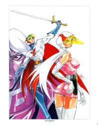 Rule 34 | 1girl, 2boys, ass, belt, breasts, cape, gatchaman, gloves, highres, jun the swan, ken the eagle, large breasts, multiple boys, muscular, oobari masami, superhero costume, sword, weapon