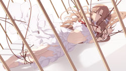Rule 34 | 1girl, asuna (sao), barefoot, birdcage, blush, braid, breasts, brown eyes, brown hair, cage, cait aron, detached sleeves, feet, highres, long hair, looking at viewer, lying, medium breasts, midriff, navel, on side, pointy ears, solo, stomach, sword art online, very long hair, wallpaper, white legwear