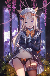 Rule 34 | 1girl, abigail williams (fate), absurdres, animal ears, bandaid, bandaid on face, black bow, black dress, black panties, black thighhighs, blonde hair, blue eyes, blush, bow, bowtie, cat ears, clothes lift, commentary request, cowboy shot, dress, dress lift, falling leaves, fate/grand order, fate (series), frilled dress, frilled thighhighs, frills, garter straps, gluteal fold, groin, hair bow, hanging plant, head tilt, headdress, highres, indoors, kemonomimi mode, leaf, lifting own clothes, long hair, long sleeves, looking at viewer, luminous, navel, orange bow, orange bowtie, panties, parted bangs, pink ribbon, plant, polka dot, polka dot bow, ribbon, shade, sidelocks, single thighhigh, sleeves past fingers, sleeves past wrists, solo, stained glass, standing, stomach, thighhighs, tongue, tongue out, underwear, window