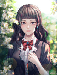 Rule 34 | 1girl, bad id, bad pixiv id, black hair, blue eyes, blunt bangs, blurry, blurry background, bow, chromatic aberration, dated, day, earrings, flower, hand up, highres, jewelry, lens flare, long hair, looking at viewer, original, outdoors, red bow, smile, solo, soyubee, twitter username, upper body, wavy hair