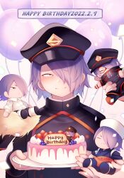 Rule 34 | 1boy, balloon, black hat, black jacket, boku no hero academia, buttons, cake, character doll, chef, chef hat, chibi, chikuwa savy, collared shirt, double-breasted, food, fruit, fur trim, hair over one eye, happy birthday, hat, highres, holding, holding cake, holding food, jacket, long sleeves, looking at viewer, peaked cap, purple hair, shirt, shishikura seiji, short hair, smile, solo, strawberry, upper body, white shirt