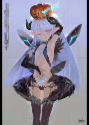 Rule 34 | 1girl, arm behind head, bad id, bad pixiv id, black gloves, black horns, black thighhighs, blue fire, breasts, bridal gauntlets, commentary request, covered erect nipples, covering navel, earrings, feet out of frame, fire, gloves, grey eyes, highres, horns, jack-o&#039;-lantern, jewelry, jnt, long hair, looking at viewer, object on head, one eye closed, original, pointy ears, purple hair, signature, small breasts, smile, solo, stomach tattoo, tattoo, thighhighs, very long hair