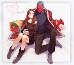 Rule 34 | 1boy, 1girl, android, animification, black footwear, black pants, blanket, blue eyes, blue sweater, brown hair, coffee, couple, cup, dress, green eyes, heart, highres, holding, holding cup, long hair, looking at another, marvel, marvel cinematic universe, open mouth, pants, qin (7833198), scarlet witch, shared blanket, smile, sweater, sweater dress, vision (marvel), wanda maximoff, wandavision