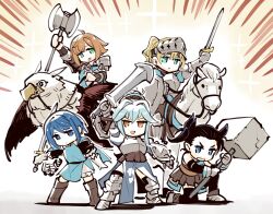 Rule 34 | 5girls, arm up, armor, axe, black hair, black thighhighs, blonde hair, blue cape, blue dress, blue eyes, blue hair, blue tabard, boots, breastplate, brown eyes, brown footwear, brown hair, cape, chibi, detached sleeves, dress, fran (unicorn overlord), full body, gauntlets, gloves, greaves, green eyes, griffin, hair bun, hammer, helmet, high ponytail, highres, holding, holding axe, holding hammer, holding sword, holding weapon, horseback riding, ishiyumi, juliet sleeves, kitra (unicorn overlord), leah (unicorn overlord), long sleeves, miriam (unicorn overlord), multiple girls, on one knee, pauldrons, ponytail, puffy sleeves, reverse grip, riding, riding animal, shield, short hair, short twintails, shoulder armor, smile, standing, sword, tabard, thighhighs, twintails, unicorn overlord, v-shaped eyebrows, virginia (unicorn overlord), weapon, white background, white gloves