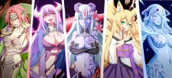 Rule 34 | 5girls, alipheese fateburn xvi, alma elma, animal ears, arm tattoo, armor, bare shoulders, black bow, black gloves, blonde hair, blue skin, blush, bow, breast tattoo, breasts, cape, colored skin, crossed arms, demon girl, demon horns, dragon girl, dragon tail, elbow gloves, erubetie, expressionless, facial tattoo, fins, flower, fox ears, fox girl, fox tail, gloves, glowing, glowing eyes, granberia, green eyes, hair between eyes, hair flower, hair ornament, hair over one eye, half-closed eyes, hand fan, head fins, highres, horns, japanese clothes, lamia, long hair, looking at viewer, mon-musu quest!, monster girl, multiple girls, multiple tails, navel, one eye covered, pink eyes, pointy ears, purple hair, raichi (ddq0246), red eyes, red hair, scales, short hair, slime girl, slit pupils, small breasts, smile, tail, tamamo (mon-musu quest!), tattoo, tongue, tongue out, upper body, white hair, yandere, yellow eyes