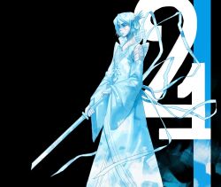 Rule 34 | 1girl, absurdres, bankai, bare shoulders, black background, bleach, blue theme, closed mouth, detached sleeves, expressionless, feet out of frame, flower ornament, hair between eyes, hair ornament, hieumay, highres, holding, holding sword, holding weapon, japanese clothes, katana, kuchiki rukia, large ribbon, lips, long sleeves, looking to the side, number background, see-through, see-through sleeves, shinigami, short hair, simple background, sode no shirayuki, solo, standing, sword, weapon, wide sleeves, zanpakutou