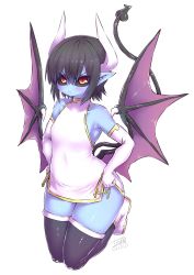 Rule 34 | 1girl, annoyed, black hair, black sclera, black tail, black thighhighs, black wings, blue skin, colored sclera, colored skin, demon girl, demon horns, demon tail, demon wings, dress, elbow gloves, flat chest, gloves, greyscale, highres, horns, kneeling, legs together, looking at viewer, monochrome, pointy ears, red eyes, seizaverus, shinrabanshou, short hair, sleeveless, sleeveless dress, solo, tail, thighhighs, thighs, white dress, white footwear, white gloves, white horns, wings, zyugoya