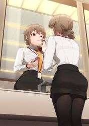 Rule 34 | 1girl, applying makeup, bags under eyes, black pantyhose, black skirt, bra visible through clothes, braid, brown hair, closed mouth, collared shirt, commentary, compact (cosmetics), dress shirt, frown, hair ornament, hair scrunchie, highres, holding, holding compact, id card, idolmaster, idolmaster cinderella girls, indoors, kamille (vcx68), lanyard, long sleeves, medium hair, miniskirt, mirror, necktie, office lady, one eye closed, pantyhose, pencil skirt, red eyes, red scrunchie, reflection, scrunchie, see-through, senkawa chihiro, shirt, shirt tucked in, skirt, solo, standing, watch, white shirt, wing collar, wristwatch, yellow necktie