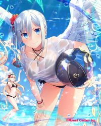 Rule 34 | 2girls, angel wings, ball, beachball, blue eyes, blush, bracelet, breasts, choker, cleavage, closed mouth, collarbone, company name, cross, cross choker, day, falkyrie no monshou, hand on own thigh, holding, holding ball, jewelry, large breasts, multiple girls, natsumekinoko, navel, necklace, official art, outdoors, shirt, short hair, silver hair, smile, swimsuit, wet, wet clothes, wet shirt, white shirt, wings