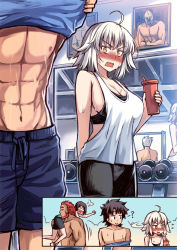 Rule 34 | 1girl, 4boys, abs, alexander (fate), archer (fate), beard, breasts, carrying, carrying over shoulder, clothes lift, commentary, dumbbell, english commentary, facial hair, fate/grand order, fate (series), flustered, fujimaru ritsuka (male), gym, gym shorts, hetero, iskandar (fate), jeanne d&#039;arc (fate), jeanne d&#039;arc alter (avenger) (fate), jeanne d&#039;arc alter (fate), large breasts, manly, mirror, multiple boys, muscular, peach88, pectorals, red hair, shirt lift, short hair, shorts, silver hair, sports bra, sportswear, tank top, topless male, tsurime, undressing, waver velvet, yellow eyes