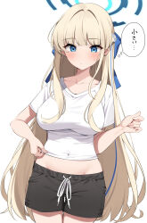 Rule 34 | 1girl, absurdres, alternate costume, black shorts, blonde hair, blue archive, blue eyes, blue hair, blue halo, blush, braid, breasts, closed mouth, collarbone, covered navel, cowboy shot, groin, halo, highres, long hair, looking down, medium breasts, multicolored hair, shirt, short sleeves, shorts, simple background, solo, streaked hair, suiroh (shideoukami), thought bubble, toki (blue archive), white background, white shirt