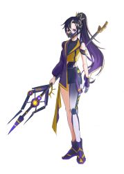 Rule 34 | 1girl, armband, asymmetrical clothes, black footwear, black hair, braid, copyright request, full body, gloves, gradient hair, highres, holding, holding weapon, kama (kama ovo), looking at viewer, mask, multicolored hair, polearm, ponytail, purple eyes, purple hair, mechanical legs, simple background, single glove, standing, trident, weapon, white background
