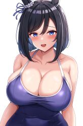 Rule 34 | 1girl, absurdres, animal ears, black hair, blue eyes, blue one-piece swimsuit, blue ribbon, bow, breasts, cleavage, commentary request, ear ribbon, eishin flash (umamusume), highres, horse ears, horse girl, huge breasts, looking at viewer, mitomumitomu, one-piece swimsuit, open mouth, ribbon, school swimsuit, short hair, simple background, solo, swimsuit, teeth, tracen swimsuit, umamusume, upper teeth only, white background