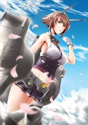 Rule 34 | 10s, 1girl, arm at side, black skirt, breasts, brown hair, cherry blossoms, cloud, collar, day, dutch angle, flipped hair, focused, gloves, green eyes, halterneck, headgear, highres, kantai collection, kiriki haruomi, large breasts, looking at viewer, metal belt, midriff, mutsu (kancolle), navel, outdoors, parted lips, pleated skirt, raised fist, short hair, sideboob, skirt, sky, solo, standing, striped clothes, striped skirt, thighs, turret, white gloves