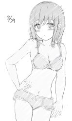 Rule 34 | 1girl, 7 calpis 7, bare arms, bare shoulders, blush stickers, bow, bow bra, bow panties, bra, breasts, cleavage, collarbone, commentary request, cowboy shot, dated, dutch angle, greyscale, hair between eyes, highres, long hair, looking at viewer, monochrome, navel, original, panties, parted lips, simple background, small breasts, solo, underwear, underwear only, white background