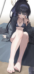 Rule 34 | 1girl, absurdres, barefoot, bikini, black bikini, black hair, blue archive, blush, breasts, collarbone, commentary, grey jacket, hair between eyes, hairband, halo, highres, jacket, jewelry, long hair, long sleeves, looking at viewer, official alternate costume, open clothes, open jacket, open mouth, pendant, purple eyes, purple hairband, sakura rii, small breasts, solo, swimsuit, toes, ui (blue archive), ui (swimsuit) (blue archive), yellow halo