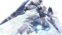 Rule 34 | arm cannon, azur lane, blue eyes, cannon, dishwasher1910, dual arm cannons, dual wielding, english text, flying, highres, holding, mecha, mecha focus, no humans, robot, rocket engine, shoulder cannon, water, weapon, white background