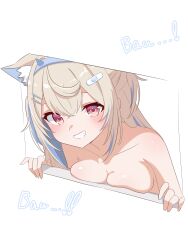 1girl absurdres animal_ear_fluff animal_ears blonde_hair blue_hair blue_hairband breasts dog_ears dog_girl english_text fuwawa_abyssgard hairband hashtag-only_commentary highres hololive hololive_english large_breasts long_hair multicolored_hair nude parted_lips pink_eyes ryu160303 smirk smug solo spiked_hairband spikes teeth two-tone_hair upper_body virtual_youtuber