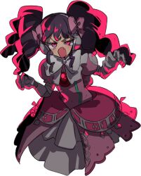 Rule 34 | 1girl, :o, black hair, bow, cowboy shot, cropped legs, dress, elbow gloves, fang, gaaruru (pripara), gloves, hair bow, hands up, headphones, idol clothes, long hair, looking at viewer, open mouth, pink bow, pink dress, pink eyes, pretty series, pripara, puffy short sleeves, puffy sleeves, ritsu (roboroboro), short sleeves, simple background, solo, standing, v-shaped eyebrows, white background, white gloves