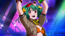 Rule 34 | 1girl, :d, ahoge, arms up, bikini, bikini under clothes, breasts, cropped jacket, game cg, green hair, hair ornament, macross, macross frontier, official art, open mouth, ranka lee, red eyes, small breasts, smile, solo, swimsuit, uta macross sumaho deculture