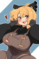Rule 34 | 1girl, absurdres, black bow, blonde hair, blue background, bow, breasts, brown dress, commentary, dress, extra eyes, hair bow, heart, highres, kurodani yamame, large breasts, looking at viewer, open mouth, orange eyes, outline, puffy sleeves, rinyamame, short hair, solo, teeth, touhou, upper teeth only, white outline