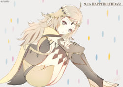 Rule 34 | !, 1girl, artist name, atoatto, blonde hair, breasts, brown eyes, circlet, cleavage, dated, fire emblem, fire emblem fates, grey background, happy birthday, long hair, nintendo, open mouth, ophelia (fire emblem), sitting