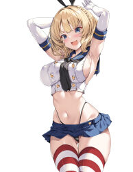 Rule 34 | 1girl, :d, absurdres, animal ears, armpits, arms up, ass, black panties, blonde hair, blue eyes, blue sailor collar, blue skirt, braid, breasts, colorado (kancolle), commentary request, cosplay, elbow gloves, fang, gloves, gluteal fold, highleg, highleg panties, highres, kantai collection, looking at viewer, medium breasts, medium hair, navel, open mouth, panties, pleated skirt, rabbit ears, sailor collar, shimakaze (kancolle), shimakaze (kancolle) (cosplay), shirt, simple background, skirt, smile, solo, standing, striped clothes, striped thighhighs, thigh gap, thighhighs, thighs, torisan, underwear, white background, white shirt