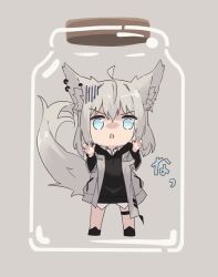 1girl ahoge animal_ear_fluff animal_ears black_footwear black_hoodie blue_eyes chibi collared_shirt corked_bottle crossed_bangs double-parted_bangs fox_ears fox_girl fox_tail full_body glass_bottle grey_background grey_hair grey_jacket grey_tail highres hood hoodie in_container in_jar jacket jacket_over_hoodie jar lapels looking_at_viewer medium_hair nagishiro_mito open_clothes open_jacket original shirt sidelocks simple_background solo sweatdrop tail thigh_strap white_shirt wide-eyed