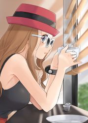 Rule 34 | 1girl, blush, breasts, brown hair, commentary request, creatures (company), cup, eyelashes, from side, game freak, grey eyes, hands up, hat, highres, holding, holding cup, indoors, long hair, mega ring, milk carton, nintendo, pink hat, pokemon, pokemon xy, ririmon, saucer, serena (pokemon), shirt, sleeveless, sleeveless shirt, solo, steam, sunglasses, table, white-framed eyewear, window, window blinds