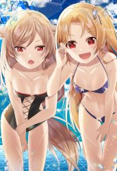 Rule 34 | 2girls, azur lane, bikini, black one-piece swimsuit, blonde hair, blue bikini, blue sky, breasts, cleveland (azur lane), cloud, collarbone, day, hair flaps, highres, long hair, looking at viewer, montpelier (azur lane), multiple girls, navel, nonozaki, ocean, one-piece swimsuit, one side up, open mouth, outdoors, red eyes, side-tie bikini bottom, silver hair, sky, small breasts, smile, star (symbol), star print, swimsuit, water