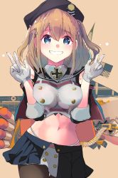 Rule 34 | 1girl, absurdres, ammunition, azur lane, beret, black capelet, black pantyhose, black shirt, black sleeves, blue eyes, breasts, brown background, brown hair, buttons, capelet, clothing cutout, commentary request, cowboy shot, cross, double v, gloves, grey shirt, grin, groin, hair between eyes, hair ribbon, hands up, hat, highleg, highleg panties, highres, hinaname, iron cross, long hair, looking at viewer, medium breasts, midriff, miniskirt, navel, panties, pantyhose, pleated skirt, ribbon, rigging, shirt, shoulder cutout, sidelocks, sketch, skirt, sleeves rolled up, smile, solo, standing, star (symbol), thigh strap, torpedo, torpedo launcher, turret, two side up, underwear, v, white gloves, z35 (azur lane)