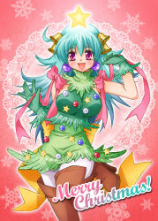 Rule 34 | 1girl, aqua hair, bell, boots, bow, brown thighhighs, christmas, christmas tree costume, cosplay, dress, earrings, gloves, green dress, green skirt, jewelry, long hair, merry christmas, original, pink background, pink bow, purple eyes, ribbon, skirt, smile, solo, standing, standing on one leg, star (symbol), thigh boots, thighhighs, uji genmai