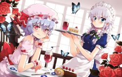 Rule 34 | 1girl, ahoge, arm support, bare shoulders, bat wings, blue eyes, bow, braid, bug, butterfly, cake, chair, chiba sadoru, drink, drinking straw, dutch angle, female focus, flower, food, fork, glass, hair bow, hat, highres, bug, izayoi sakuya, licking lips, light purple hair, maid, maid headdress, md5 mismatch, red eyes, red flower, red rose, remilia scarlet, rose, short hair, silver hair, sitting, slit pupils, solo, table, tongue, tongue out, touhou, tray, twin braids, wings, wrist cuffs