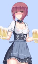Rule 34 | 10s, 1girl, alcohol, apron, beer, beer mug, blue apron, blush, breasts, brown eyes, brown hair, cleavage, covered erect nipples, cross, cup, dirndl, dress, german clothes, heart, heart-shaped pupils, highres, iron cross, kantai collection, looking at viewer, mizuumi (bb), mug, nipples, oktoberfest, open mouth, pussy juice, see-through, short hair, small breasts, solo, symbol-shaped pupils, underbust, waist apron, z3 max schultz (kancolle)