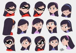Rule 34 | black hair, expression chart, closed eyes, gurihiru, hairband, long hair, looking at viewer, mask, official art, simple background, the incredibles, violet parr