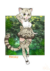 Rule 34 | 10s, 1girl, animal ears, bare shoulders, black hair, blonde hair, blush, bow, bowtie, breasts, cat ears, cat tail, character name, elbow gloves, fang, full body, gloves, green eyes, highres, kemono friends, looking at viewer, margay (kemono friends), medium breasts, multicolored hair, no eyewear, open mouth, pond, shirt, short hair, skirt, sleeveless, tail, thighhighs, tree, umigarasu (kitsune1963), zettai ryouiki