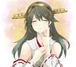 Rule 34 | 10s, 1girl, bad id, bad pixiv id, black hair, blush, closed eyes, detached sleeves, hairband, happy tears, haruna (kancolle), japanese clothes, jewelry, kantai collection, long hair, neko nami83, nontraditional miko, ring, smile, solo, tears, wedding band, wedding ring, wide sleeves