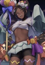 Rule 34 | 1girl, ;d, black shorts, brown hair, candy hair ornament, dark-skinned female, dark skin, fire emblem, fire emblem engage, fire emblem heroes, food-themed hair ornament, ghost hair ornament, hair ornament, halloween costume, high ponytail, highres, long sleeves, looking at viewer, midriff, navel, night, night sky, nintendo, official alternate costume, one eye closed, open mouth, ponytail, red eyes, seinikuten, shorts, shorts under skirt, sky, sleeves past fingers, sleeves past wrists, smile, solo, star-shaped pupils, star (symbol), symbol-shaped pupils, teeth, timerra (fire emblem), timerra (halloween) (fire emblem), upper teeth only, wide sleeves
