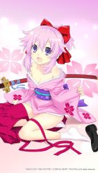 Rule 34 | alternate costume, bare shoulders, breasts, choujigen taisen neptune vs sega hard girls, cleavage, dated, from side, glowing, gradient background, hair between eyes, hakama, hakama skirt, highres, hip vent, japanese clothes, katana, kimono, looking at viewer, neptune (neptunia), neptune (series), official art, open mouth, parted bangs, pink background, ponytail, purple background, purple eyes, purple hair, ribbon, sheath, sheathed, shoes, unworn shoes, sitting, skirt, smile, socks, sword, tsunako, weapon, white legwear